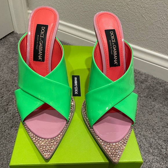 DOLCE & GABBANA Tapered-Heel Green Pink Leather Open-Crystal Toe Leather Sandals - Picture 1 of 15